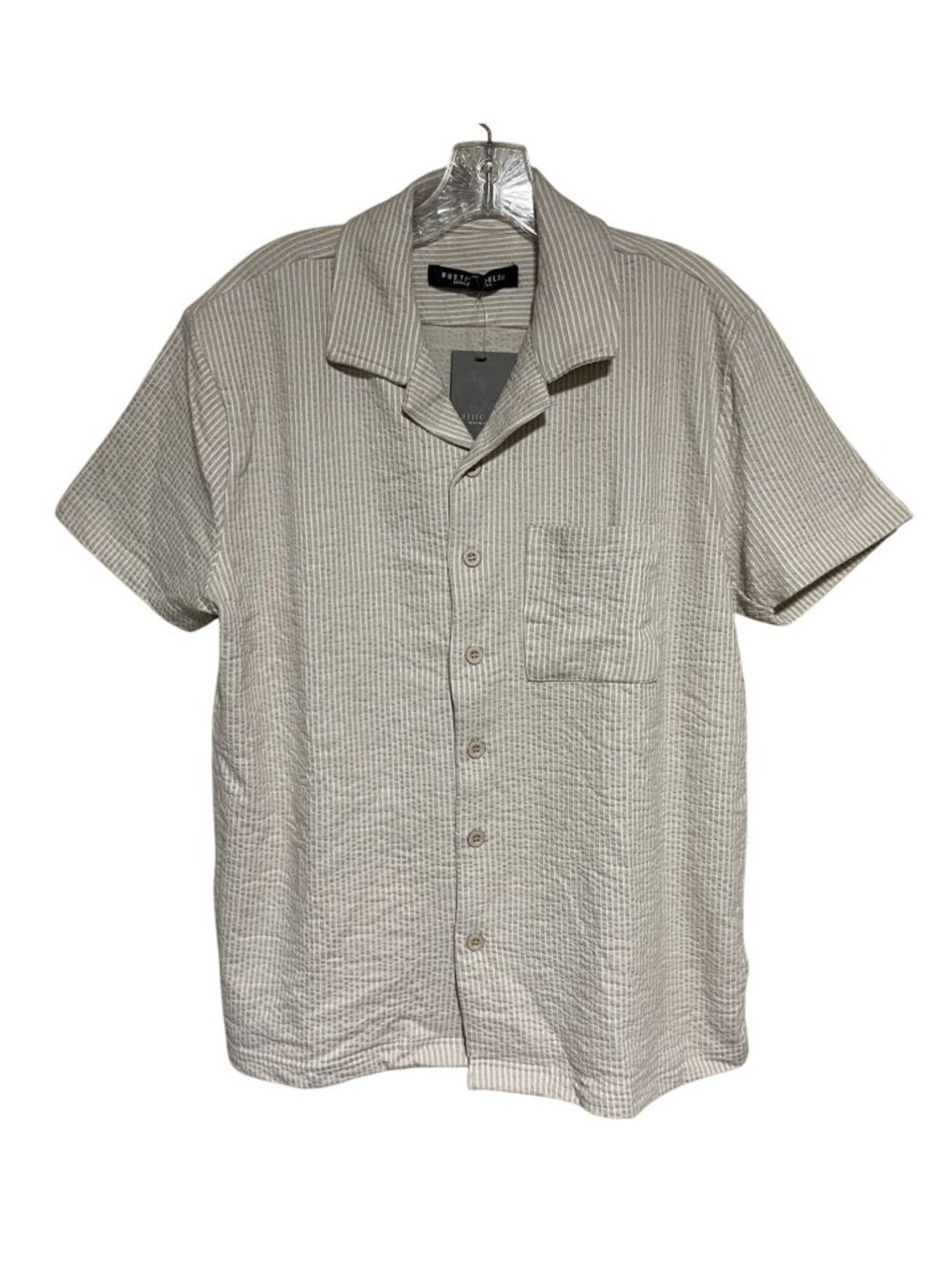 Rustic Souls Mens Short Sleeve Seersucker Shirt Size M Button Up Beige Stripe